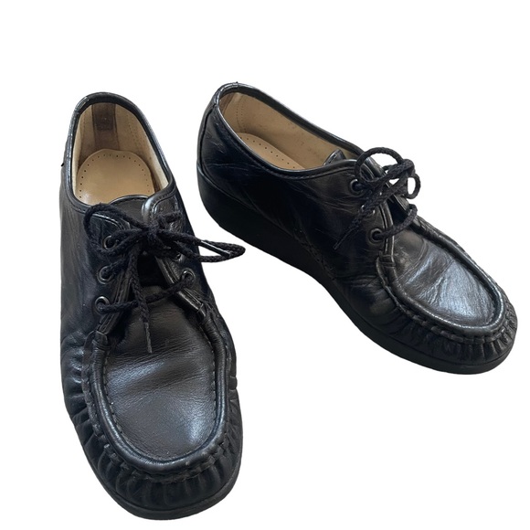 SAS Black Leather Wedge Style Coquette Preppy Grunge Gothic Lace Up Oxford Shoes - Picture 8 of 15